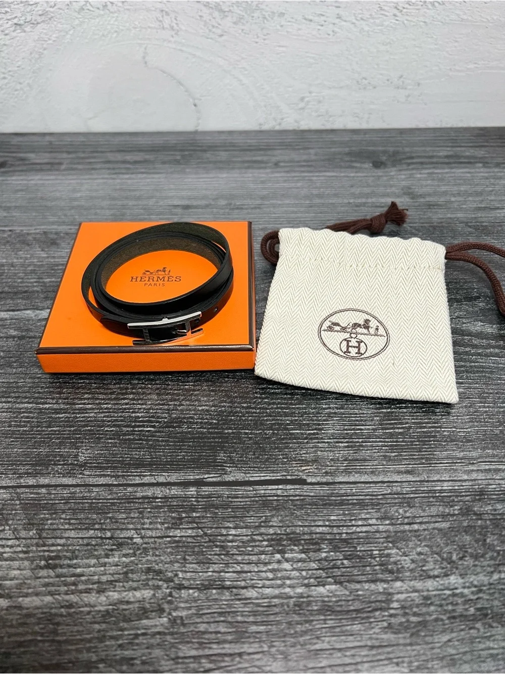Hermes Black Leather Double Tour Bracelet with Silver Buckle - Picture 2 of 6